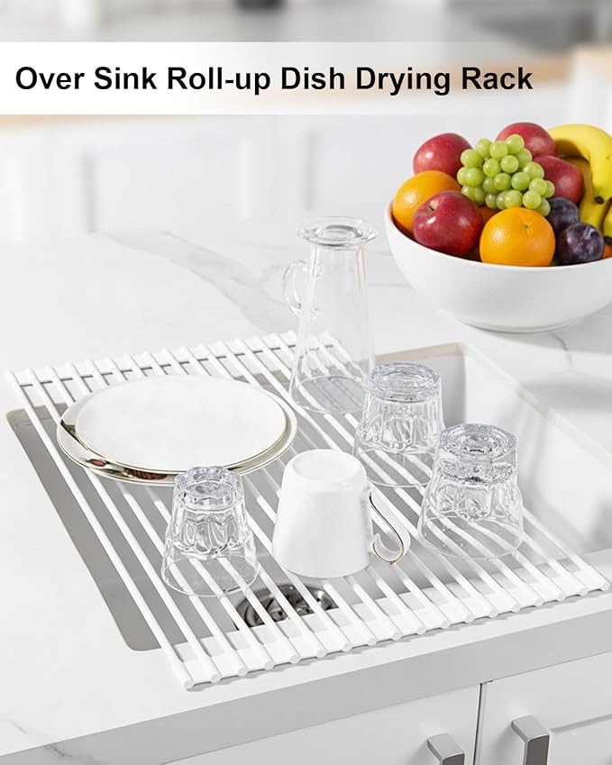 Roll Up Dish Drying Rack Over Sink, 16.93" x 12.99" Foldable Silicone Wrapped Stainless Steel Over The Sink Dish Drying Rack, White - Image 2