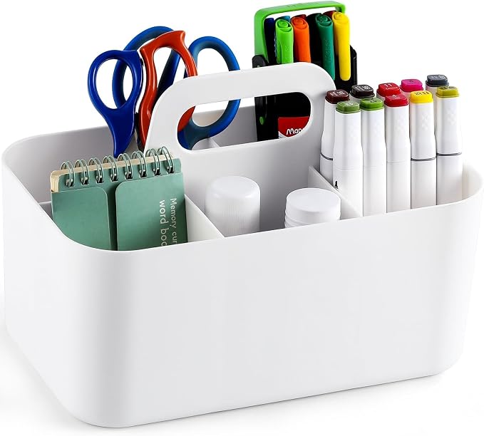Multiuse Caddy Organizer with Handle, Portable Divided Plastic Tote Bin - Art Craft, Stationary Pen Marker Crayons, Makeup Hair Supplies Storage - Bathroom, Classroom, Dorm, Office, Desk Holder -White - Image 9
