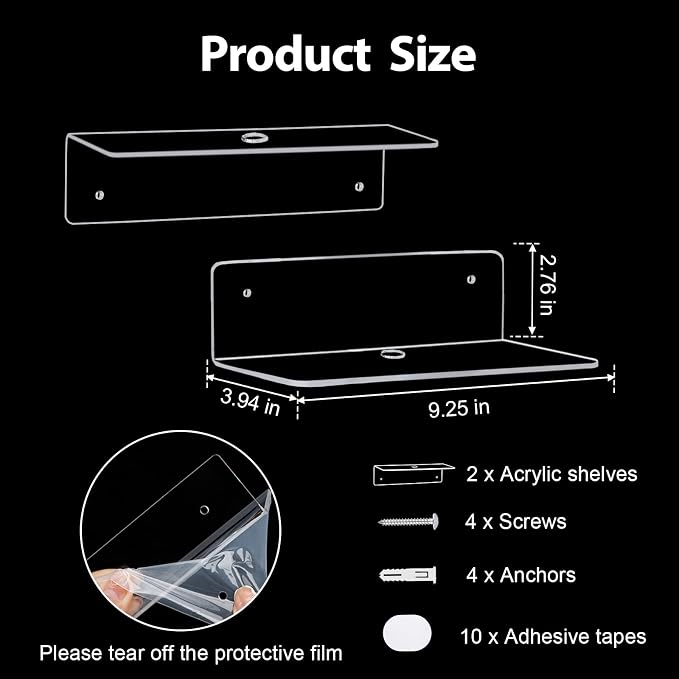 9 Inch Clear Acrylic Floating Shelf, No Drill Adhesive Wall Shelf Set of 2 for Storage, Floating Shelves Damage-Free Expand Wall Space for Living Room, Office, Gaming Room, Bathroom - Image 3
