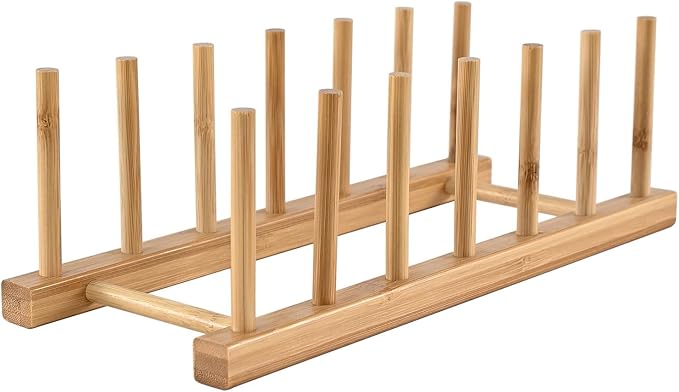 INNERNEED Bamboo Wooden Dish Rack, Vertical Plate & Lid Organizer | for Kitchen Cabinet or Countertop, Drying Stand for Dishes, Cutting Boards by INNERNEED
