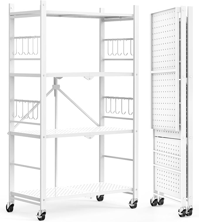 Himix 4-Tier Foldable Metal Storage Shelf with Wheels Kitchen White | Metal collapsible organization, Folding shelves rack, Wire shelving, Garage, Unit rolling cart, No assembly, Holds 352 Ibs - Image 8