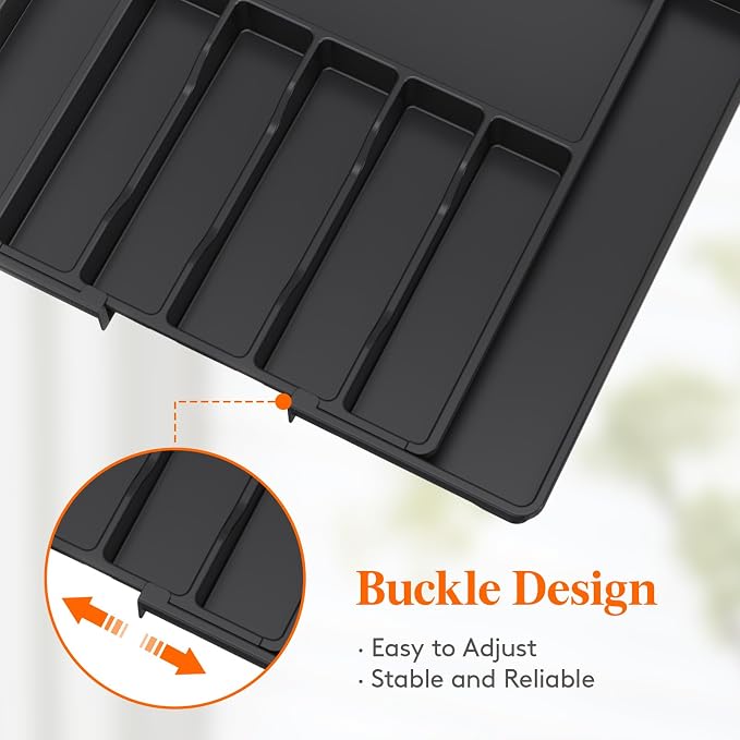 Lifewit Extra Large Silverware Drawer Organizer, Expandable Utensil Tray | BPA Free Flatware Cutlery Holder for Kitchen, Adjustable Plastic Storage for Spoons Forks Knives, 15- 27 x 18.5", Black - Image 7