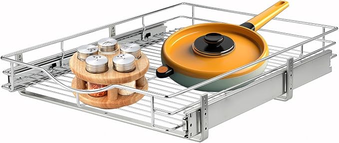 DINDON 1 Tier Pull Out Cabinet Organizer (11" W x 21" D) Heavy-Duty Metal Sliding Drawer Shelf, Slide Out Wire Basket for Kitchen Cabinets, Pantry, Bathroom, Chrome Finish… by DINDON