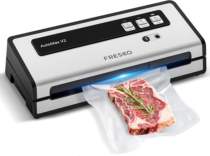 FRESKO Vacuum Sealer Machine with Automatic Bag Detection, Compact Design | 0.2-inch Widened Heating Strip, Food Vacuum Sealer for Dry & Moist Food Storage, Suitable for Sous Vide, 10 Pre-Cut Bags by FRESKO