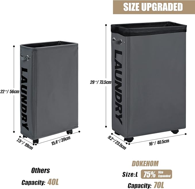 DOKEHOM 29" Enlarged Slim Rolling Laundry Basket Hamper on Wheels, Grey | Collapsible tall laundry hamper with removable mesh wash bag. Foldable narrow corner clothes storage bin for small spaces - Image 3