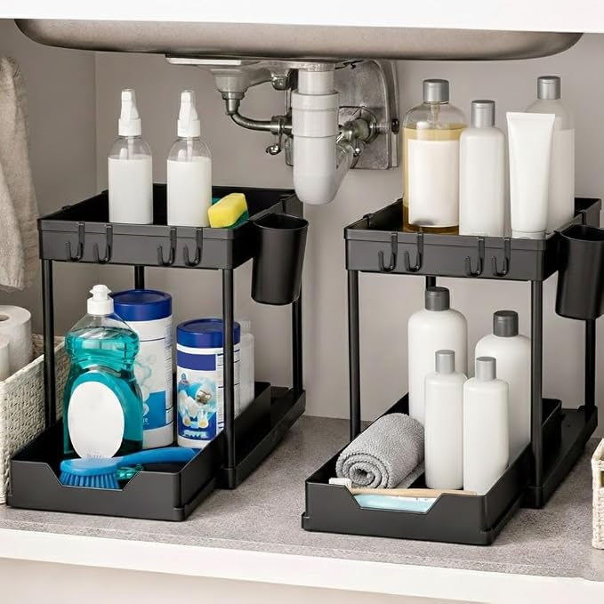Undersink Organizer, 2-Tier Under Sink Storage Rack with Sliding Drawers for Kitchen Bathroom Cabinets, Pull Out Organizer for Pantry, Laundry Room & Closet Organization - 2 Pack, Black by Unknown