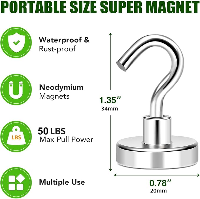 Magnetic Hooks 50Lbs Heavy Duty Magnets with Hook for Cruise Cabin | Strong Magnet Hooks for Hanging Super Metal Magnetic Hanger for Grill Fridge Kitchen Pack of 20 - Image 7