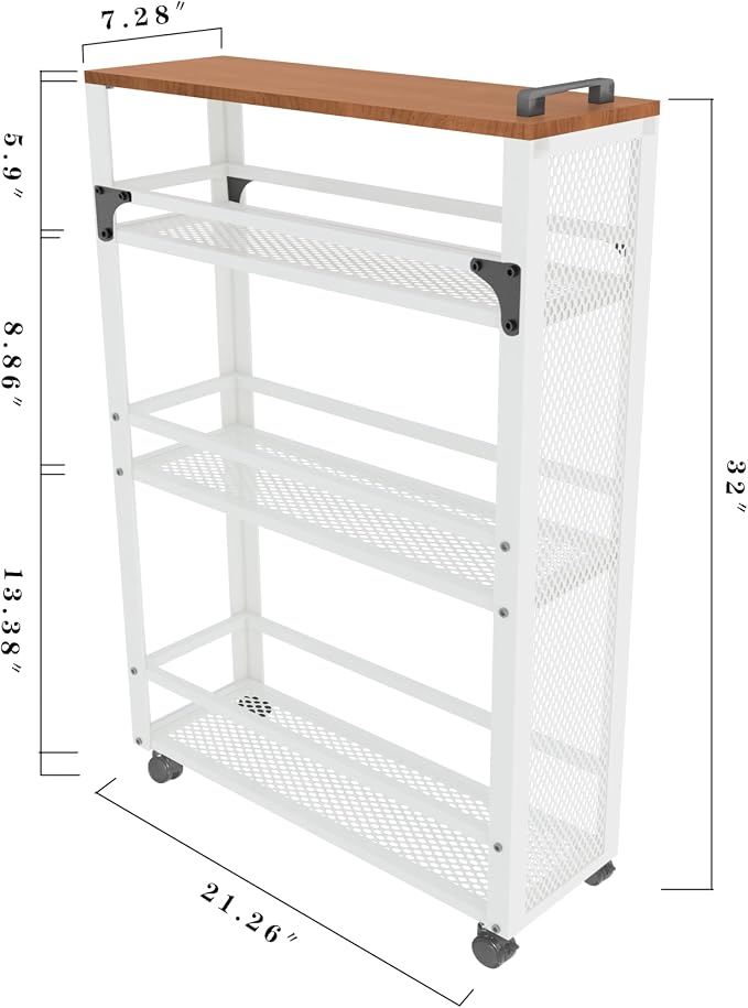 3-Tier Rolling Cart Slim - White Laundry Bathroom Kitchen | Steel Frame, Mesh Baskets, for Small Spaces, 110 lb Capacity, 4 Wheels 2 Lockable, Utility Storage Snack Coffee Craft - Image 3