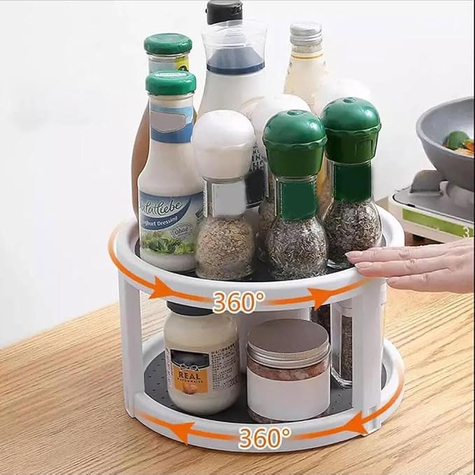 2 Tier Non Skid Spice Rack Turntable, 10 Inch Spinning Organizer, Non Skid Lazy Susan Turntable, 360° Rotating Seasoning Organizer for Kitchen, Pantry Cabinet, Refrigerator, Bathroom, Gray & White - Image 2