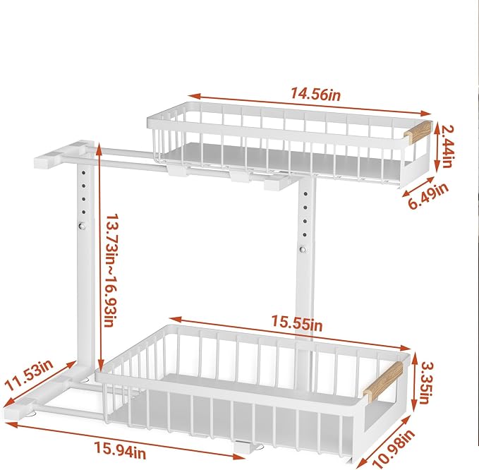 2 Pack Under Sink Organizer, 2 Tier Pull Out Cabinet Organizer with 5-Level Adjustable Height, Sliding Metal Storage Rack for Kitchen Bathroom Pantry, White - Image 9