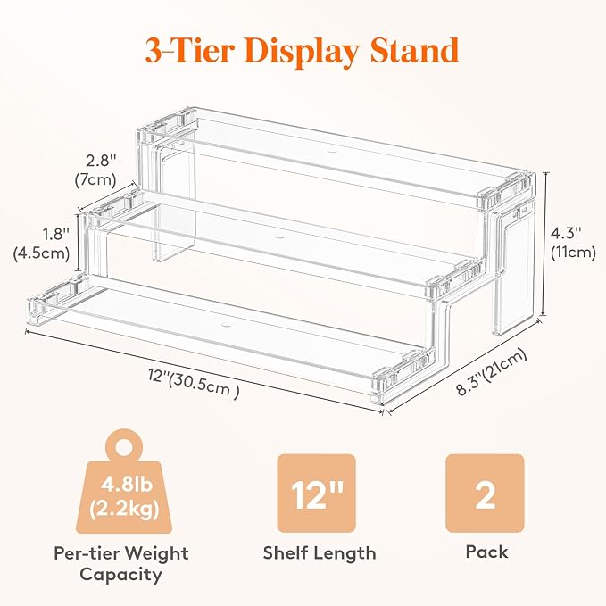 Lifewit 12″ Spice Rack, Perfume Cologne Stand,Tool-Free Assembly, 2 Pcs | 3-Tier Clear Display Riser Shelf, Cupcake Stand, Seasoning Figurine Makeup Holder, Room Decor, Kitchen Cabinet Storage - Image 3