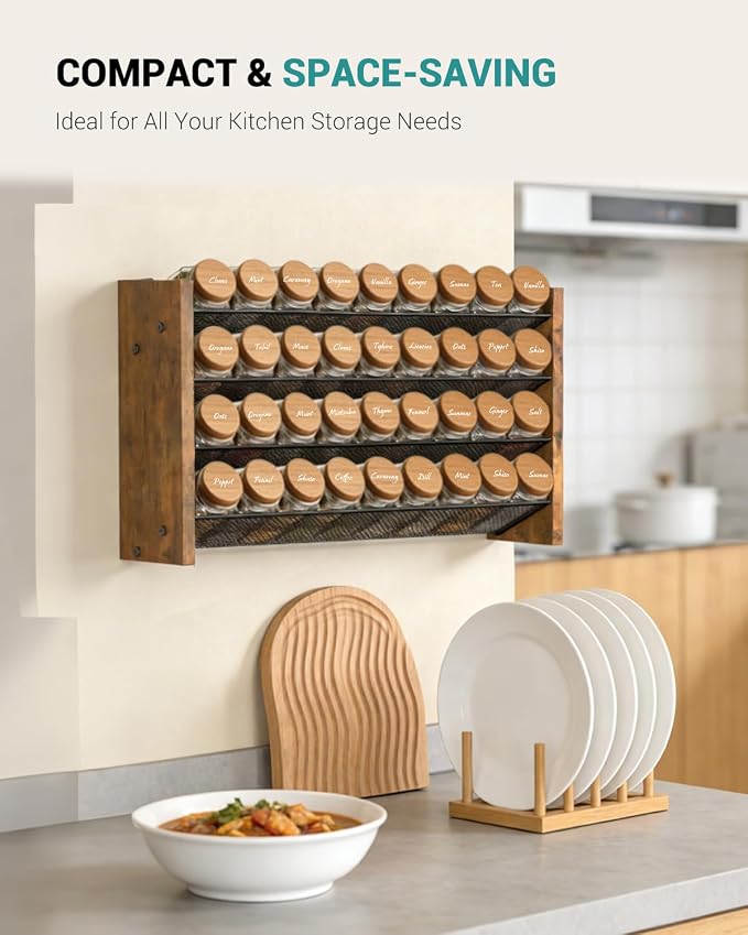 Spice Rack Organizer for Cabinet, Wood Countertop Shelf, No Jars Included | Holds 36 Standard 4 oz Jars, Fits Jars Under 1.8 in Wide, 4-Tier Kitchen Seasoning Organizer, Wall Mount, 17.2" W x 10.3" H - Image 5