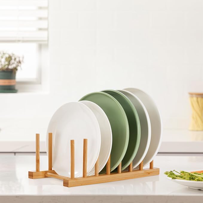 HBlife 2-Pack Bamboo Wooden Dish Rack Plate Holder Kitchen Organizer 7-Slot | Space-Saving Vertical Organizer, For Plates, Cups, Pots, Lids, Bowls & Cutting Boards, Kitchen Cabinet & Counter Storage - Image 6