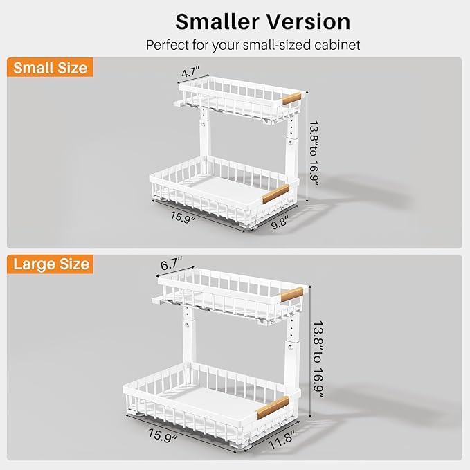 PXRACK Under Sink Organizer, Adjustable Height, 2 Tier Pull Out Under Cabinet Organizer, Slide Out Thickened Metal Under Sink Storage for Kitchen Bathroom Laundry Pantry Cabinet, White, Small-2-Pack - Image 2