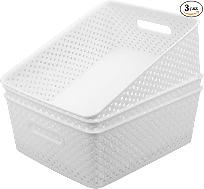 MaxGear 3 Pack Plastic Storage Baskets, Large, White | Durable Woven Plastic with Built-In Handles, Suitable for Shelves, Closets, Cabinets, Bathrooms and Offices by MaxGear