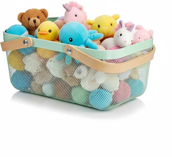 Portable Mesh Harvest Basket - Natural Bamboo Handle Foldable Organizer for Kitchen, Garden & Picnic | Ventilated Storage Bin with Rust-Proof Wire, Space-Saving Farmhouse Decor (Nebula Green) by Ymeibe