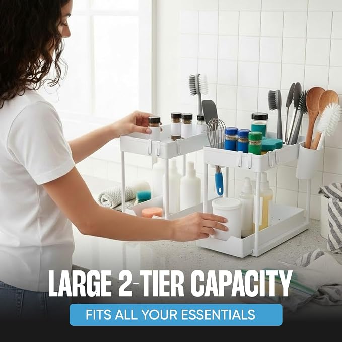 Undersink Organizer, 2-Tier Under Sink Storage Rack with Sliding Drawers for Kitchen Bathroom Cabinets, Pull Out Organizer for Pantry, Laundry Room & Closet Organization - 1 Pack, White - Image 6