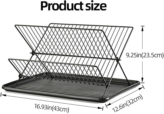 Black Foldable Double-Tier Dish Rack Large-Capacity Expandable Dish Rack, Rust-Proof Dish Rack, Draining Tray Suitable for Kitchen Worktops (Black) - Image 2