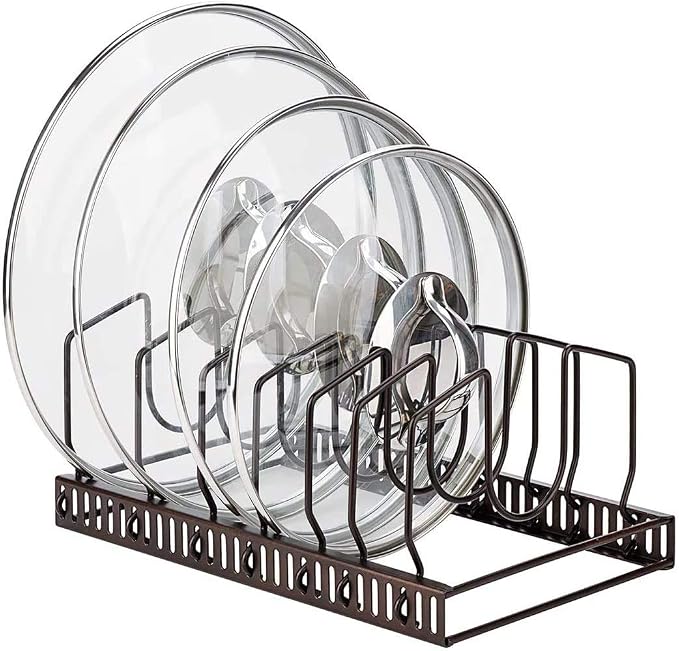 Toplife Pot Lids Organizer Rack for Cabinet and Countertop, 7+ Pan Lids and Bakeware Organizer Rack Holder with 7 Adjustable Compartments - Brown by Toplife