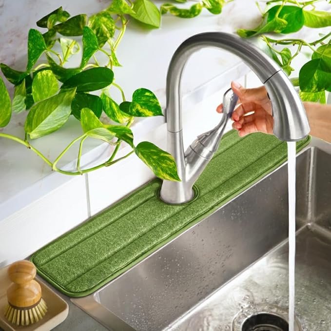 Ternal Original SINKMAT 24in XL Faucet Splash Guard Extra Long Microfiber Sink Drip Catcher Mat Non Slip Countertop Protector Drying Pad Kitchen Bathroom RV Machine Washable [Moss Green] - Image 2