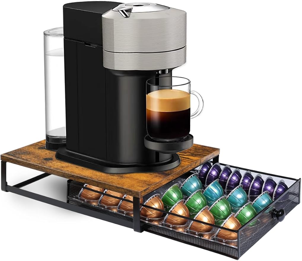 Sedegn Nespresso Vertuo Pod Holder: Pod Organizer for 56 Small/28 Large | Smooth glide drawer for easy access non-slip & tool-free durable fits Vertuo – nespresso pods holder for kitchen office Brown by sedegnhome