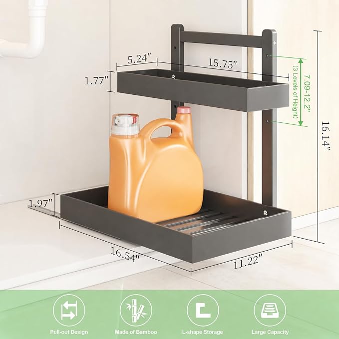 Bamboo Under Sink Organizer, 2-Tier Pull Out Cabinet Organizer | Kitchen Sink Organizer | Bathroom Cabinet Organizer | Cleaning Supply Storage | L-Shape | 3-Level Adjustable | Natural Bamboo - Image 7