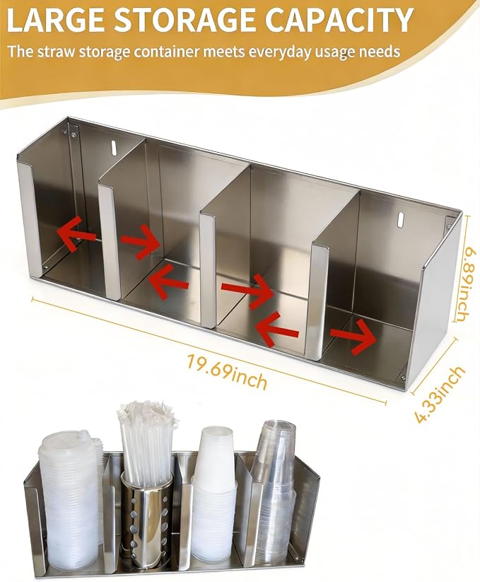 Stainless Steel Cup Dispenser,4 Compartments Cup Holder and Lid Holder with Adjustable Dividers,Cup Organizer for Kitchen Cabinets Cafe Shop Restaurant,Includes Straw Holder - Image 3
