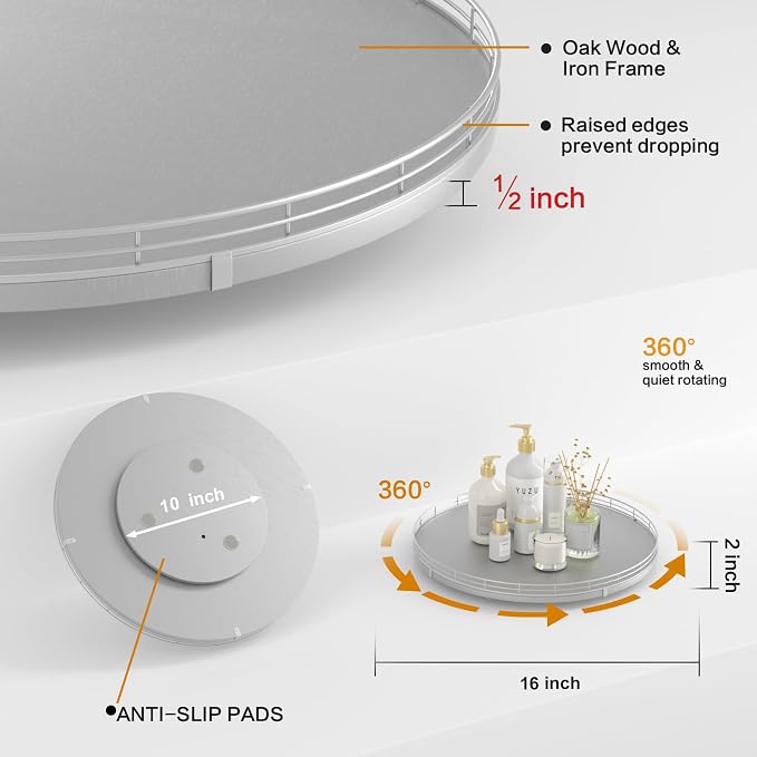 Oroyutor 16-Inch Oak Lazy Susan Organizer with Silver Iron Rail | Oak wood base, silver iron rail and smooth 360-degree rotation for dining tables, kitchen counters and spice storage. - Image 6