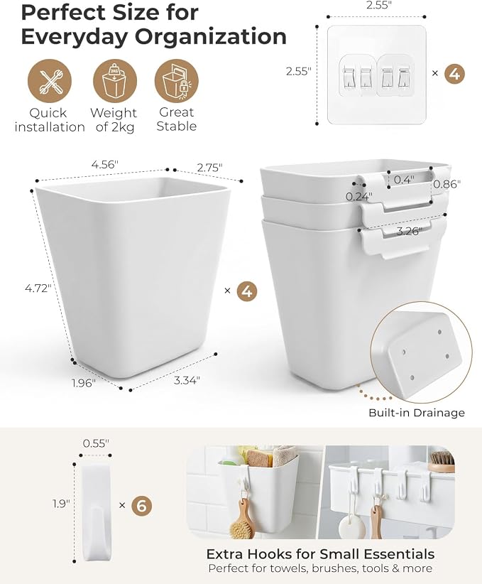6 Pack Rolling Cart Accessories, White Craft Cart Cup Holder and 8 Hooks for Utility Carts Accessories, Adhesive Kitchen Cabinet Door Storage, Space-Saving Wall Mount Organizer for Bathroom, Office - Image 2