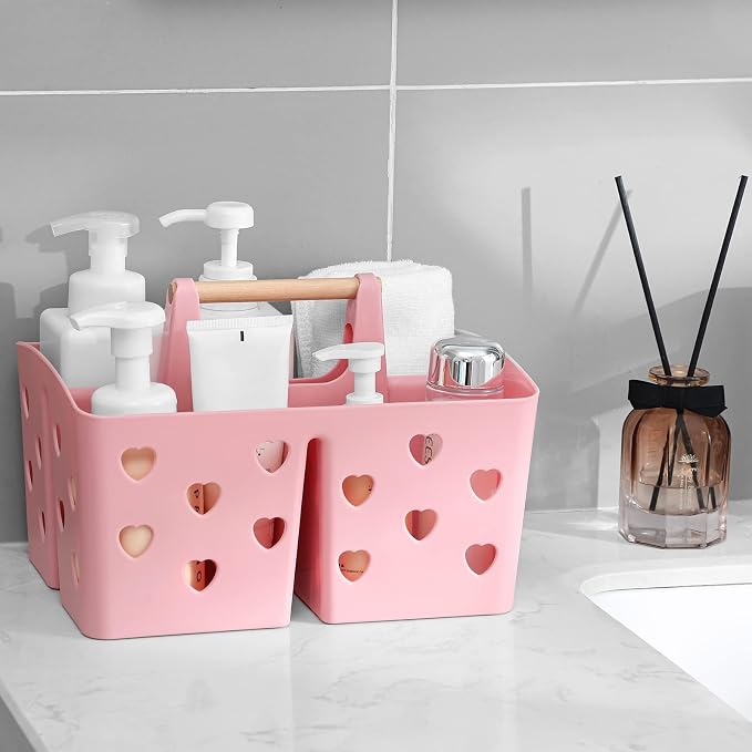 Portable Shower Caddy Plastic Shower Basket Organizer with Handle, Pink | Divided Bathroom Caddy Storage Cleanning Caddy Tote for College, Dorm Room, Kitchen - Image 2