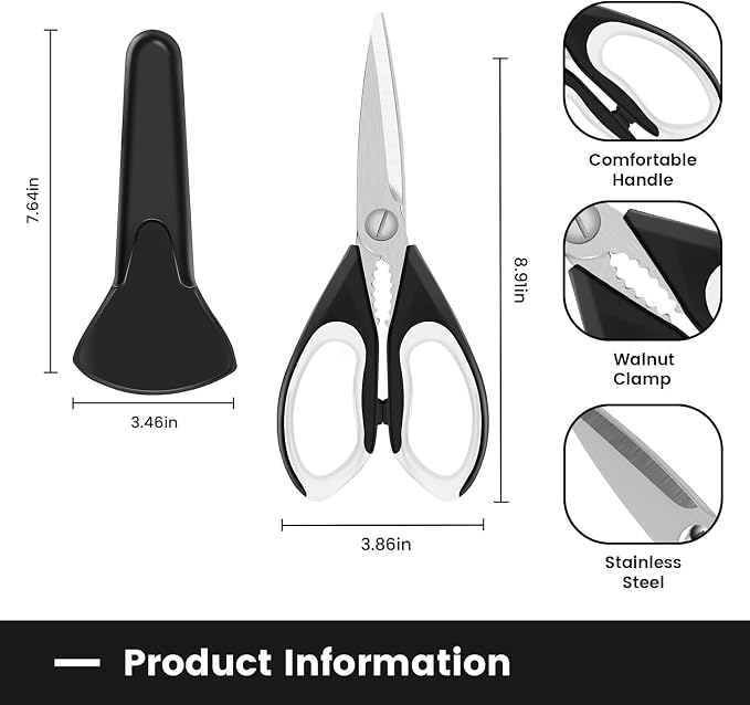 1 Pack Sharp Kitchen Scissors Set with Magnetic Holder, White | Stainless Steel Blade, Ergonomic Non-Slip Handle, Heavy Duty, Food/Meat Scissors for Home, Kitchen and Picnic, All Purpose - Image 2