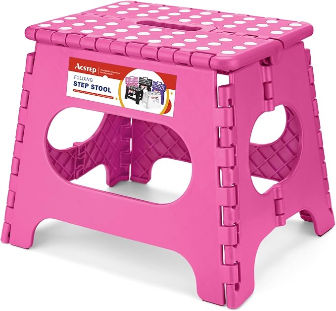 11" Folding Step Stool for Kids and Adults, Holds 300 lb, Rose red | Heavy Duty Collapsible Foot Stool, Lightweight with Built-in Handle, Non-Slip for Adults Kitchen Bathroom Bedroom Outdoor by ACSTEP