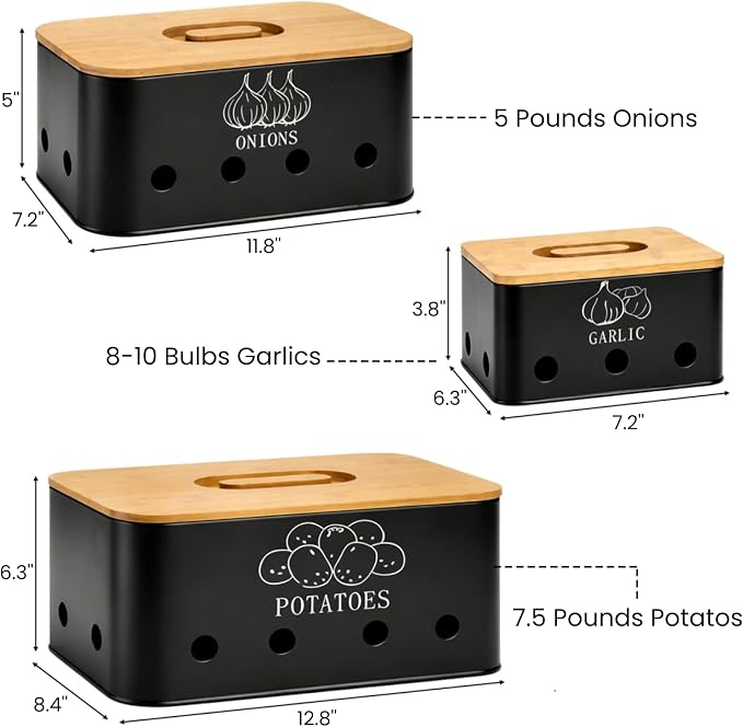 3 Pack Potato Onion Garlic Storage Set, Bamboo Lids | Metal Vegetable Storage Bins with Vents, Large Capacity Canister Black Food Container for Kitchen, Pantry - Image 2
