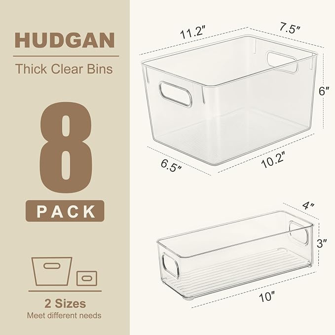 Hudgan Set of 8 Clear Plastic Storage Bins 4 Large and 4 Small Stackable Storage Containers for Pantry Organizers and Kitchen Storage, Cabinet, Freezer, Under Sink Organization - Image 5
