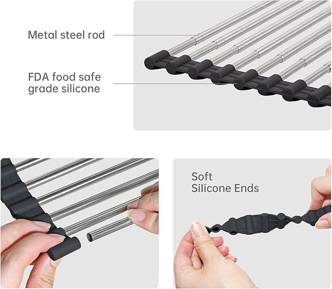 Large Telescopic Drain Rack Roll Up Rack Heat-Resistant Dish Drainer Kitchen Sink Rack Over the Sink Dish Drying Rack Stainless Steel Dish Rack (18 Tube 21.25''x12.79'') - Image 2