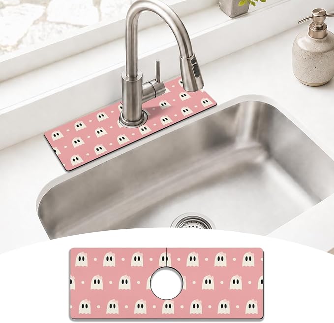 Halloween Kitchen Sink Splash Guard Faucet Mat,Pink Cute Ghosts Halloween Faucet Non-Slip Absorbent Mat,Farmhouse Sink Splash Guard Behind Faucet for Kitchen Bathroom,15"x5.5" by puwbnhj