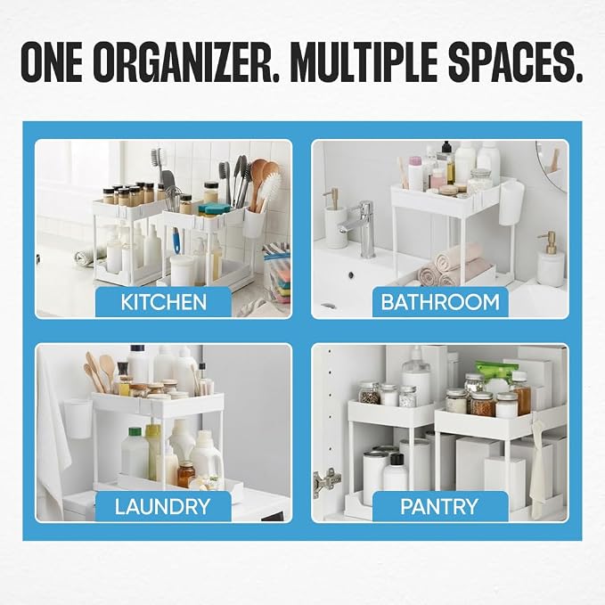 Undersink Organizer, 2-Tier Under Sink Storage Rack with Sliding Drawers for Kitchen Bathroom Cabinets, Pull Out Organizer for Pantry, Laundry Room & Closet Organization - 2 Pack, White - Image 7