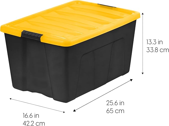 IRIS USA 6-Pack 72 Quart Storage Bins with Lids, Black/Yellow | Black finish conceals stored items. Perfect for moving, blankets, clothing, and garage storage. Nestable design saves space - Image 2