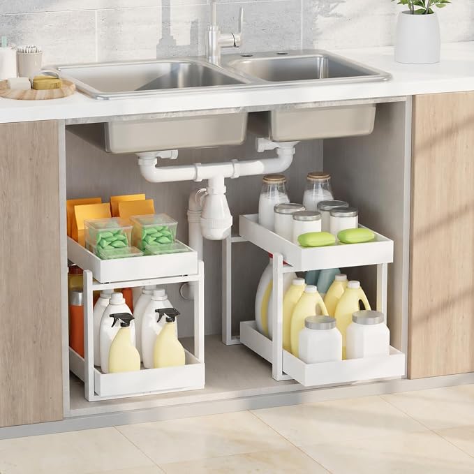 APRTAT 2 Pack Bamboo Under Sink Organizer, 2-Tier Pull Out Storage Drawers | Smooth pull-out drawers keep cleaners and tall bottles visible, organized and easy to reach in kitchen or bathroom cabinets by HEALTHYYOU