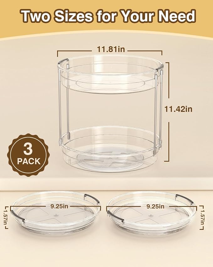 INCOSTAR 3 Pack Clear Lazy Susan Turntable 9'' & 11.8'' for Cabinet | Two-Tier Spinning Organizer, Space-Saving Pantry Storage Rack, Clear Durable Plastic, Makeup & Bathroom - Image 2