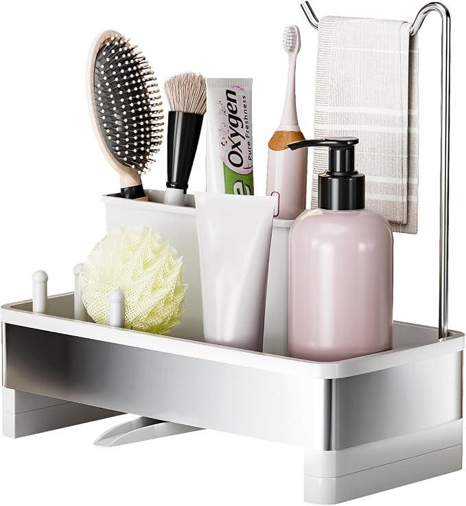 Ewaiira Sponge Holder for Kitchen Sink, Stainless Steel Sink Caddy | with Brush Holder & Dishcloth Rack, Countertop Sink Organizer, Soap Dispenser Kitchen Organizers Storage (E-White 9.8″) - Image 8