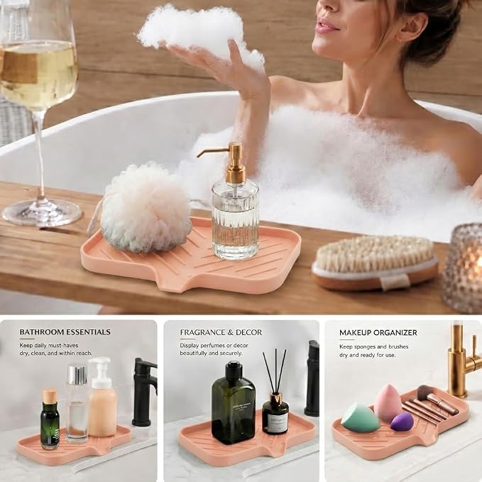 MicoYang Silicone Soap Dish with Drain Spout — Self-Draining Sink Organizer Tray for Bathroom & Kitchen, Sponges, Dispensers & Soap Holder, Non-Slip & Dishwasher Safe, Pink (Medium, 9.6"×5.3") - Image 3