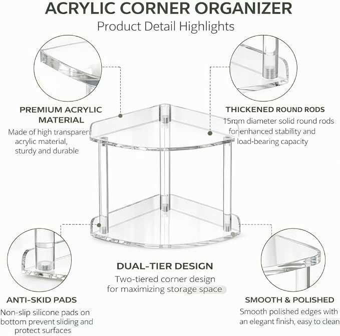 2 Tier Clear Acrylic Bathroom Corner Organizer, Countertop Vanity Tray for Makeup, Cosmetics, Perfume - Freestanding Storage Shelf for Bathroom, Bedroom, Kitchen - Image 5