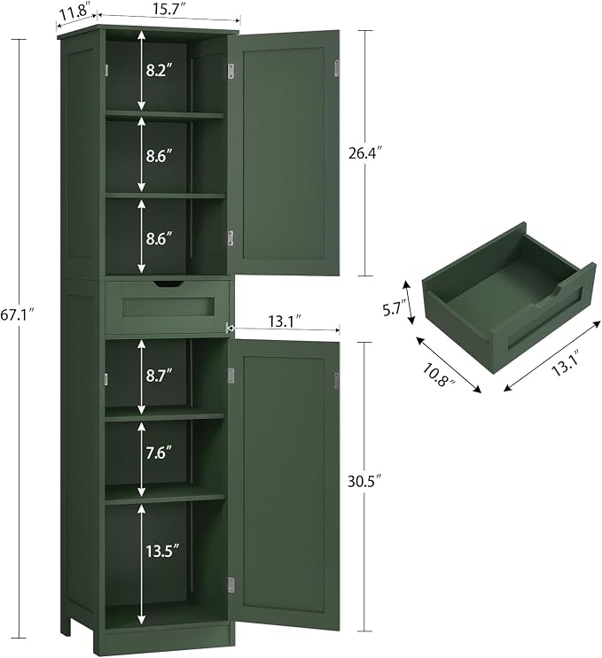 Iwell Tall Bathroom Storage Cabinet with 2 Doors & 1 Drawer, Narrow Storage Cabinet with Adjustable Shelves, for Living Room, Bathroom, Kitchen, Forest Green - Image 3
