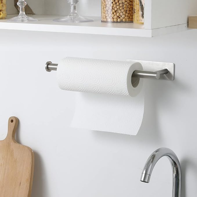 theaoo Under Cabinet Paper Towel Holder for Kitchen, Wall Mount, Silver | Adhesive Paper Towel Roll Rack for Bathroom or Kitchen, SUS304 Stainless Steel, Self-Adhesive or Screw Installation - Image 7