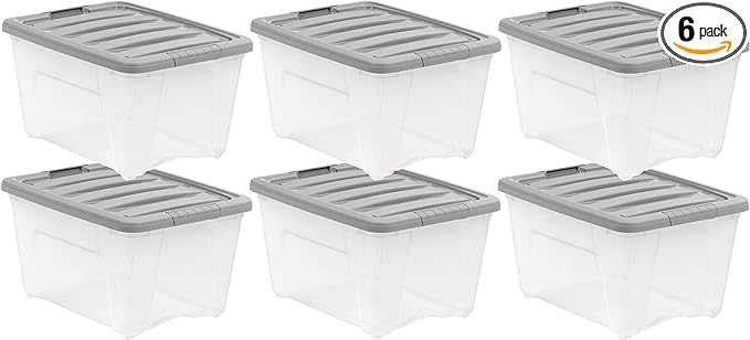 Amazon Basics Plastic Storage Containers with Secure Latching Lids, Stackable Organization Bins, Clear/Grey, 32 Quart, Set of 6 by AmazonBasics