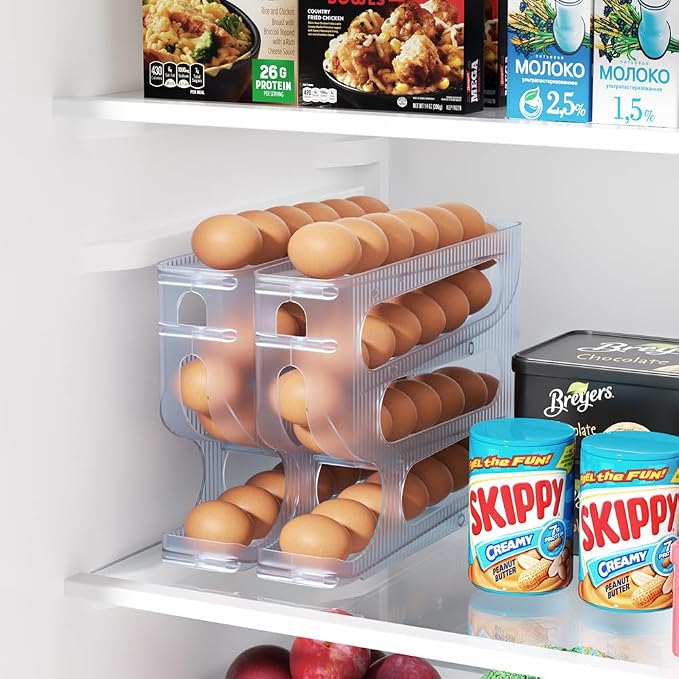FIFO Egg Holder for Fridge, Egg Organizer for 28 Large Size Eggs | 1-Pack Auto Rolling Egg Dispenser for Refrigerator, Space-Saving Egg Roller/Container/Storage(Frosted Clear) - Image 7