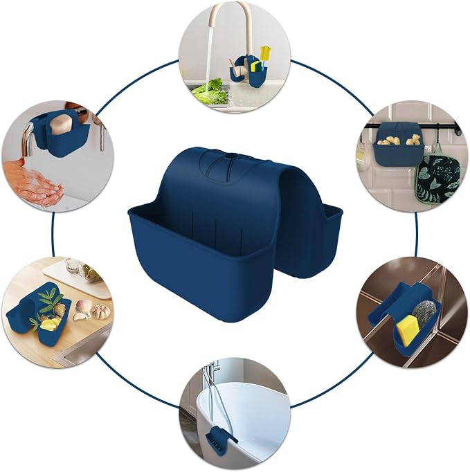 Sponge Holder for Kitchen Sink, Silicone Sink Saddle Caddy Organizer Rack, Sponges Holder Over Faucet, Hanging Kitchen Organizer Accessories Rack Basket Navy Blue - Image 5