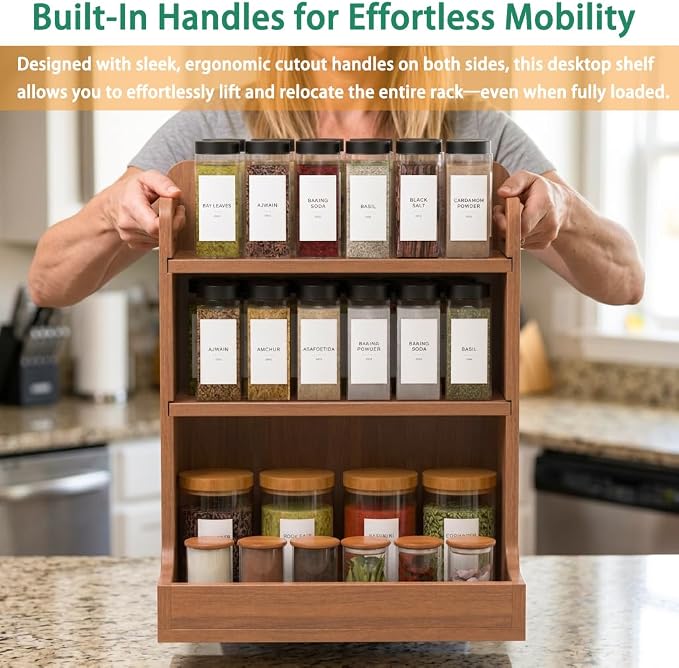 Solid Wood 3-Tier Spice Rack Countertop Organizer Kitchen Storage Shelf | Sturdy wood desktop shelf for spices, coffee bars & bathroom vanities. Features portable handles & full back stability. - Image 6