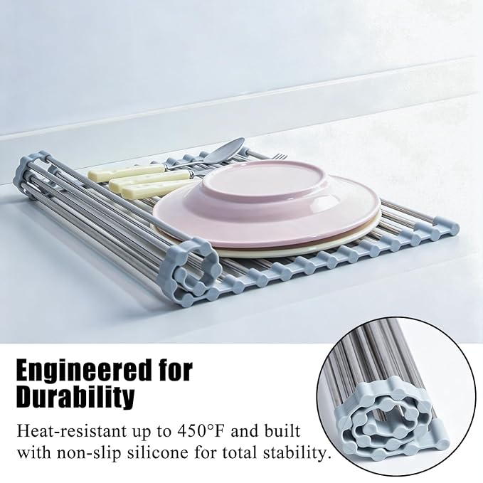 Roll Up Dish Drying Rack 17.5''x11.8'' Gray | Kitchen Rolling Dish Drainer, Foldable Sink Rack Mat Stainless Steel Wire Dish Drying Rack for Kitchen Sink Counter Storage - Image 4